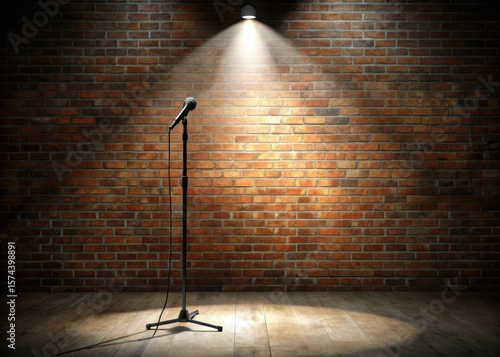 A dimly lit stage with a solitary spotlight shining down on a mic stand