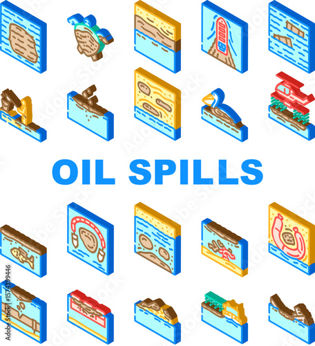 oil spills pollution icons set vector