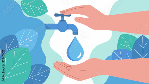 person's hands catching a drop of water from a faucet, vector illustration for water conservation, environmental protection and sustainable resource management