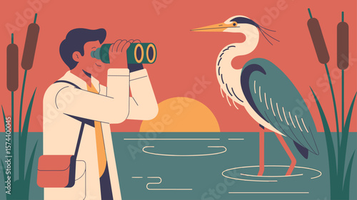 ornithologist with binoculars observing a heron in a wetland, vector illustration for wetlands conservation, ornithology research and ecosystem protection