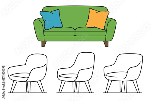 Couch and armchairs furniture outline illustration contemporary living room interior design