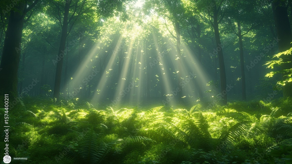 Obraz premium Magical Forest Sunbeams Shining Through Trees forest sunbeams trees magical woodland nature sunlight