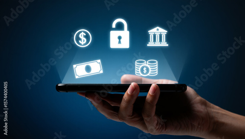 Digital financial icons displayed above smartphone hand finance