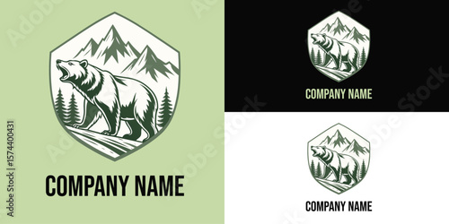 Vector art of a powerful grizzly bear stands tall against a backdrop of majestic mountains and pine trees, embodying the spirit of the wild