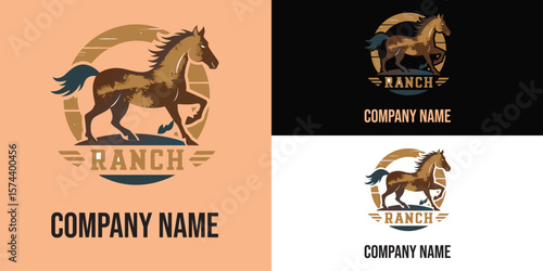Vector art of a majestic brown horse with a flowing mane gallops across a dusty plain, representing the untamed spirit of the american west