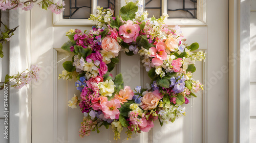 Spring Wreath with Pink Flowers for Home Entrance Decor: Colorful Floral Arrangement for Seasonal Wall Decoration