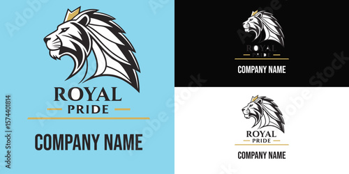 Vector art of a majestic lion with a golden crown and flowing mane represents royal pride and strength in a striking logo