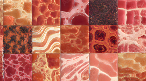 A fractal pattern of carcinogenic warning labels crafted from processed meat textures, forming an infinite loop.
