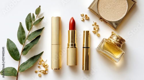 Golden makeup items on a white background