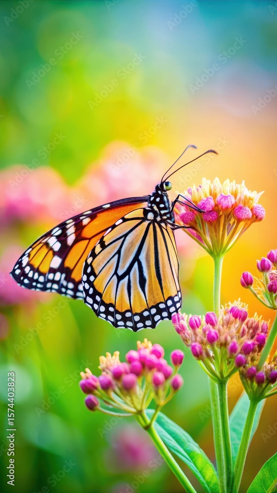 Obraz premium Colorful monarch butterfly perched on a milkweed flower in a garden