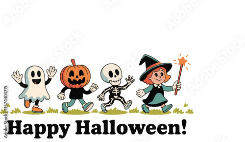 Cute Halloween Characters Vector Illustration – Ghost, Pumpkin, Skeleton, and Witch with Happy Halloween Text