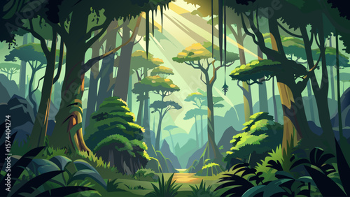 Bwindi Impenetrable Forest, Uganda – Moss‑covered giants grow densely, with leaf beams glowing in filtered sunlight. Dark shadows hint at hidden mountain gorillas.