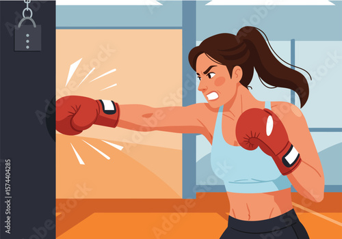 Determined Female Boxer Punches a Punching Bag.