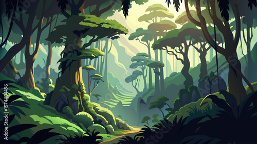 Bwindi Impenetrable Forest, Uganda – Moss‑covered giants grow densely, with leaf beams glowing in filtered sunlight. Dark shadows hint at hidden mountain gorillas.