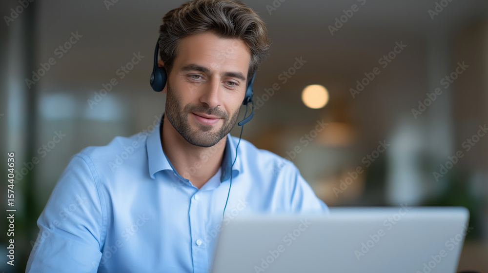 Fototapeta premium Efficient Multitasking at a Modern Standing Desk with Headset and Laptop