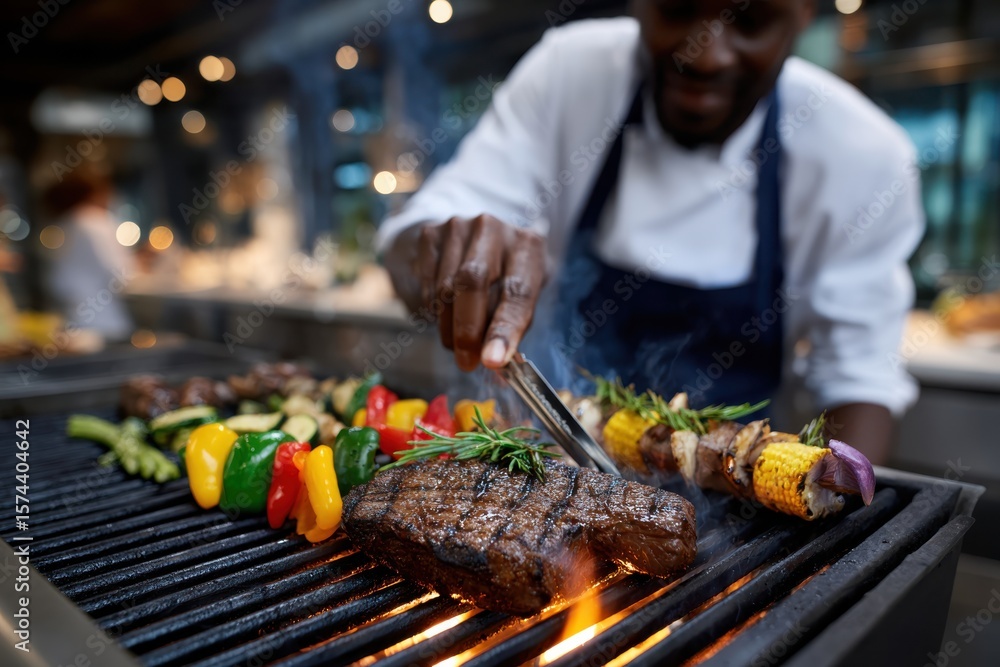Naklejka premium A talented chef passionately grilling colorful vegetables and steaks, bringing vibrant colors and rich flavors to life, symbolizing the joy of outdoor cooking and dining experiences.