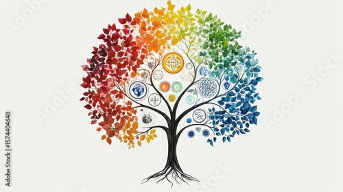 a tree of life with the four seasons and seven chakras, each sphere has an illustration representing that season or color, 