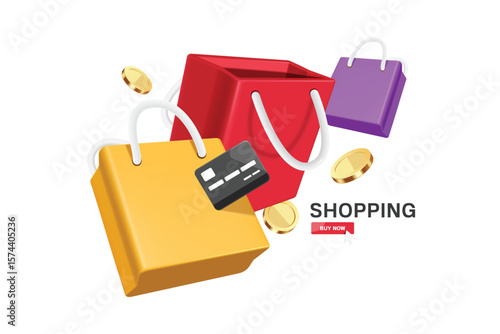 paper shopping bags: yellow, red, purple, gold coins, credit card, all floating in mid-air for online shopping banner and promotion advertising design, vector 3d isolated on white background
