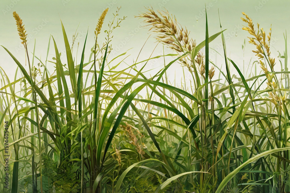 Fototapeta premium Lush green reeds and golden seed heads in soft light grass
