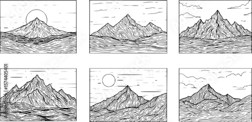 set of Mountain line art background, Black and white landscape wallpaper design for cover, invitation background, packaging design, wall art and print. Vector illustration.
on white background