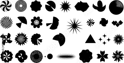 set of abstract black and white geometric shapes vector. Collection of contemporary figure, flower, circle, sparkle, pixel, line. Design element perfect for banner, prints, stickers, decor.
on white b