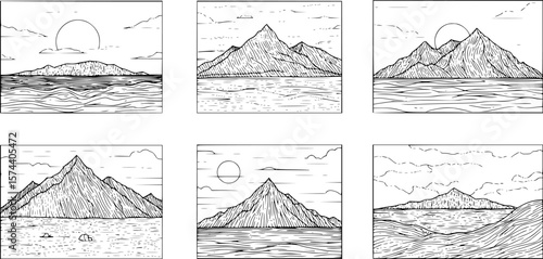 set of Mountain line art background, Black and white landscape wallpaper design for cover, invitation background, packaging design, wall art and print. Vector illustration.
on white background