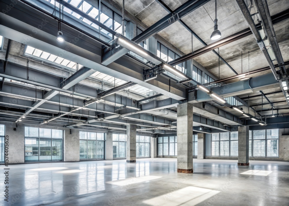 Obraz premium High ceiling with exposed ductwork and metal beams in a modern concrete building interior