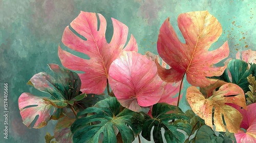 Wallpaper Mural Lush tropical leaves watercolor texture in soft green and pink, organic pattern seamless repeat print design. Botanical foliage wallpaper background Torontodigital.ca