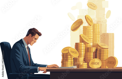 A man sits at a desk with stacks of amor coins falling around him in an illustration style image