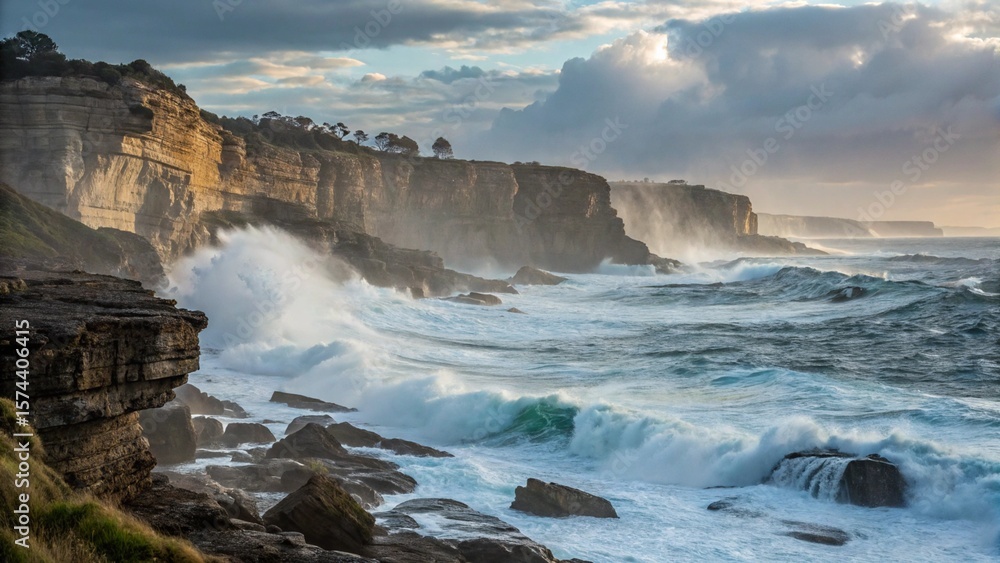 Naklejka premium Cliffside landscape with crashing ocean waves