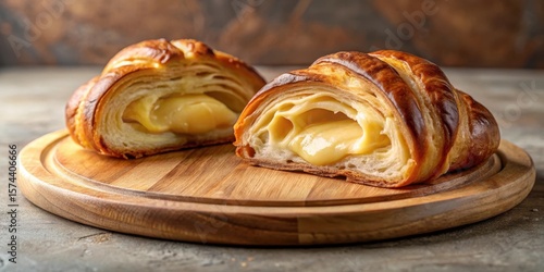 Freshly baked croissant with cheese custard filling cut into two parts on a light brown round cutting board