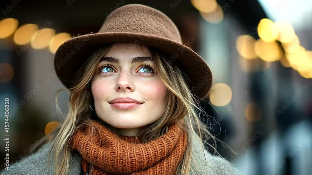 Portrait of a stylish woman in autumn outfit looking up with a blurred city backdrop Portrait of a stylish woman in autumn outfit looking up with a blurred city backdrop