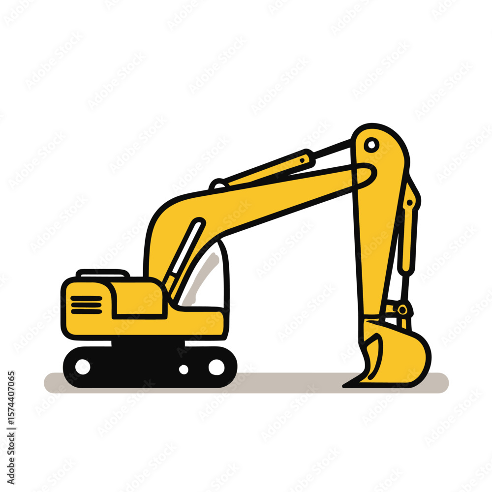 Naklejka premium Cartoon excavator operates on white simple industrial backdrop