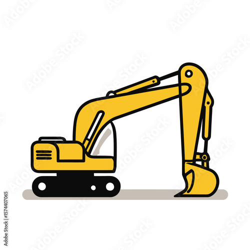 Cartoon excavator operates on white simple industrial backdrop