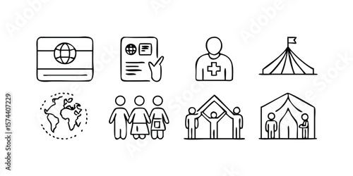Comprehensive Icon Set Depicting Refugee Crisis and Humanitarian Aid Efforts in Line Art Style on transparent background