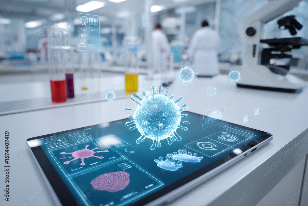Fototapeta premium Digital Representation of Microbes on Tablet in Modern Laboratory Setting.