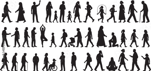 Diverse people walking and interacting silhouettes