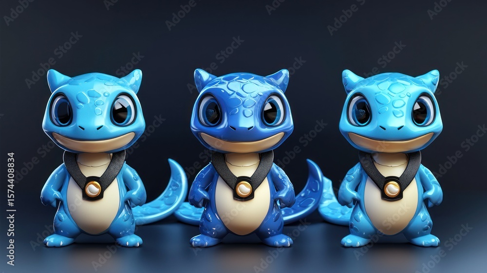 Fototapeta premium Three adorable, stylized, blue lizard-like creatures, pose in a row