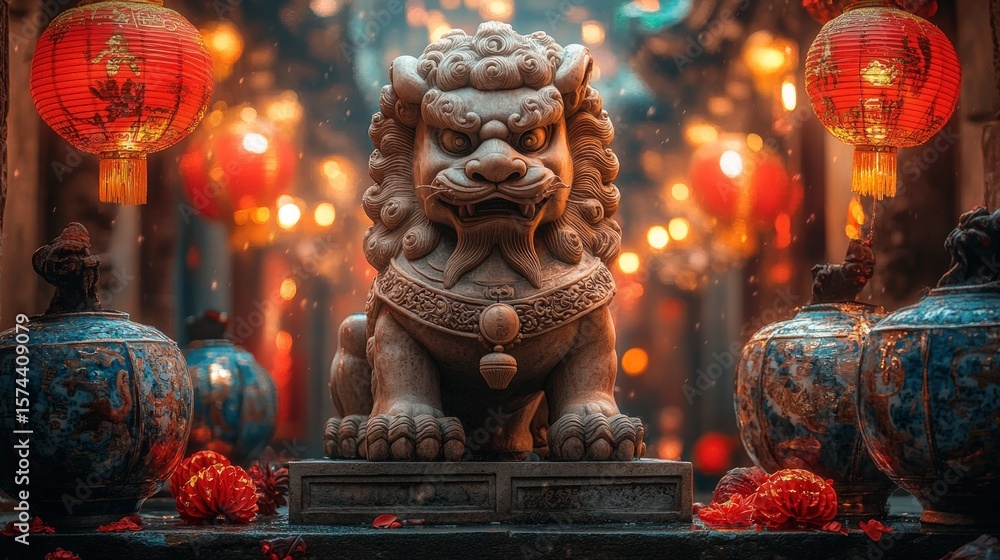 Fototapeta premium Stone lion statue surrounded by hanging lanterns, ornate vases, and flowers in a festive setting