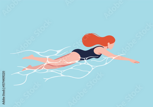 Woman with Red Hair Swimming in Blue Water with White Water Trails.