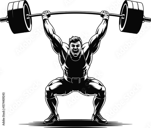 Muscular man lifting heavy barbell weightlifting strongman