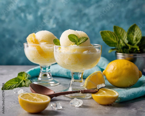 Refreshing lemon sorbet dessert with mint and fruit sweet cold
