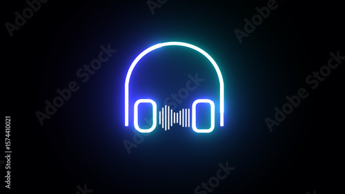 Glowing blue neon audio headphones icon with dynamic audio visual effects. sound wave visuals