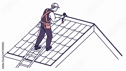 Roofer Working on Sloped Roof Illustration with Safety Gear