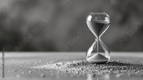 Hourglass Sand gradually falling, measuring time, in monochrome tones, soft background