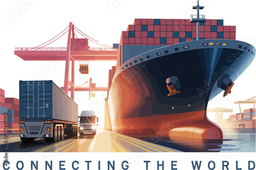 Illustration of a cargo ship and trucks at a port with cranes and shipping containers visible behind