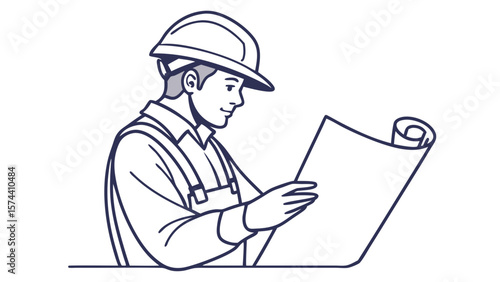 Engineer Analyzing Blueprint in Line Art Illustration
