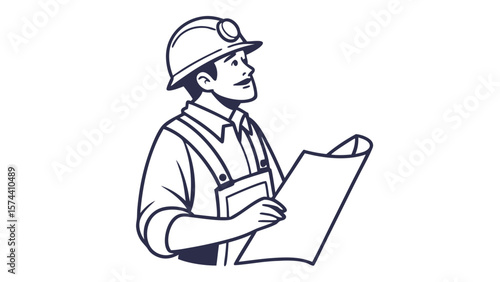 Illustration of Construction Worker Analyzing Blueprints