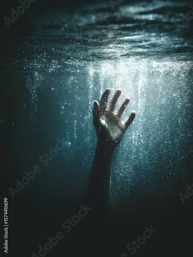 A desperate hand rises from the deep ocean, reaching for help. This poignant image captures the urgency and struggle of a drowning person fighting for survival.