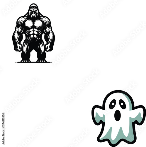 Muscular gorilla and surprised ghost cartoon primate strong